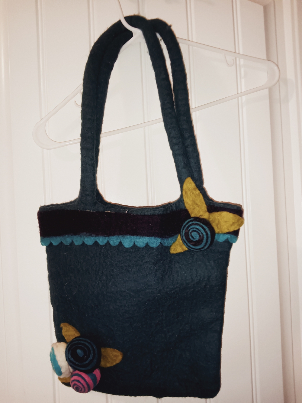 Artisan Boiled Wool Felt Floral Shoulder Tote Bag | Teal & Multi-Color